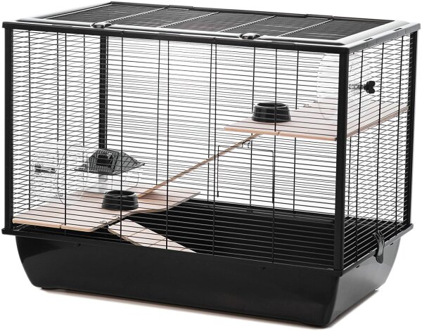 ZooPaul Hamster-Hasen-Käfig mit Holz Podest und Leiter schwarz