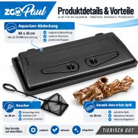 ZooPaul Aquarium Startklar-Set 80x35 cm – Abdeckung mit 2x T8 18W Beleuchtung, Keramik-Holzdeko & Fischkescher