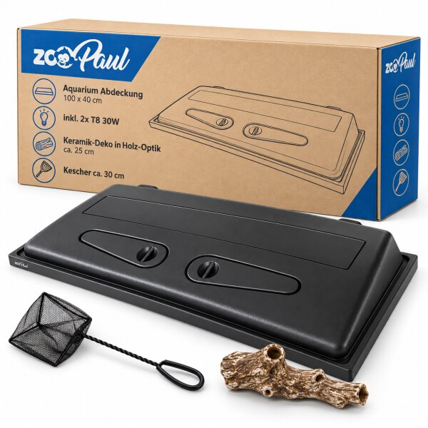 ZooPaul Aquarium Startklar-Set 100x40 cm – Abdeckung mit 2x T8 30W Beleuchtung, Keramik-Holzdeko & Fischkescher