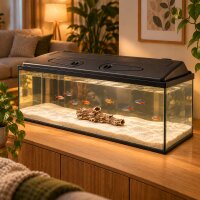 ZooPaul Aquarium Startklar-Set 100x40 cm – Abdeckung mit 2x T8 30W Beleuchtung, Keramik-Holzdeko & Fischkescher